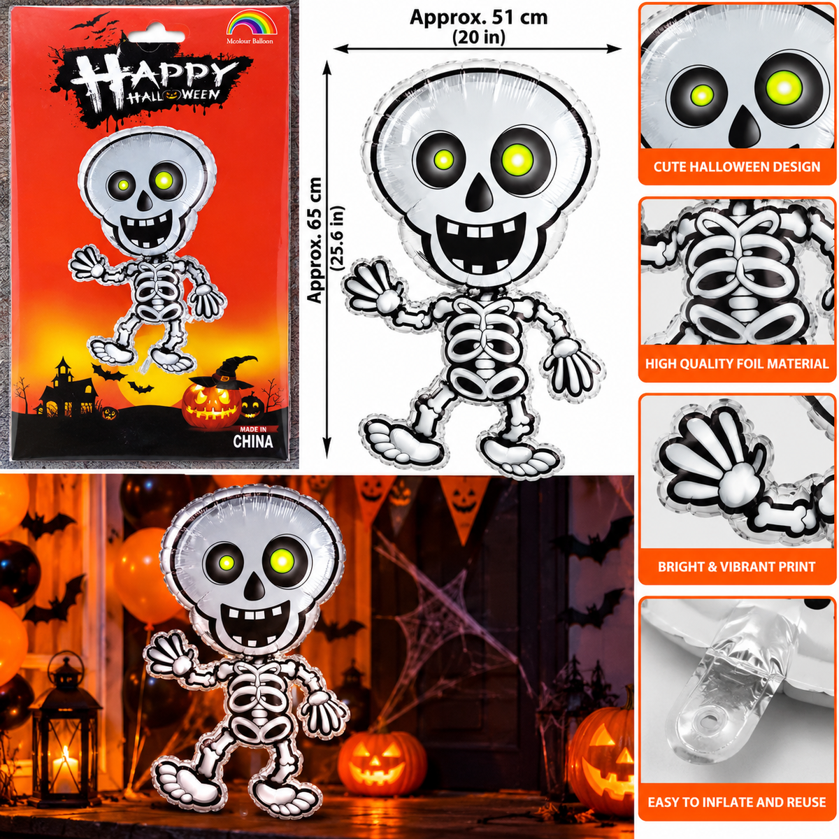 Halloween Skeleton Skull Foil Balloon, 65 x 51CM