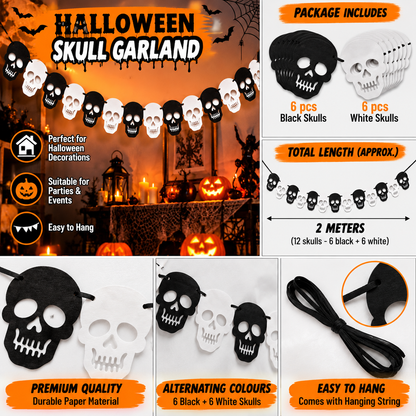 Halloween Skull Hanging Garland Banner – 12 Pcs Black & White, 2 Metres