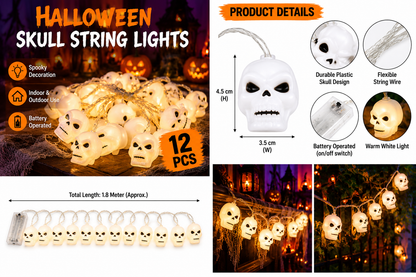 Halloween Skull String Lights – 12PCS Battery Operated, 1.8M