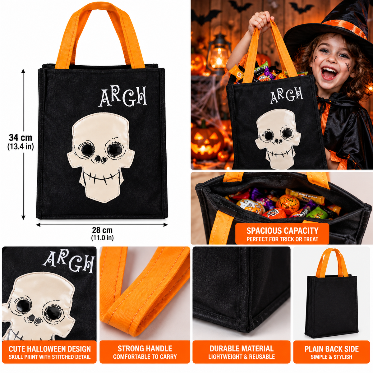 Halloween Skull Trick or Treat Tote Bag, 34 x 28CM