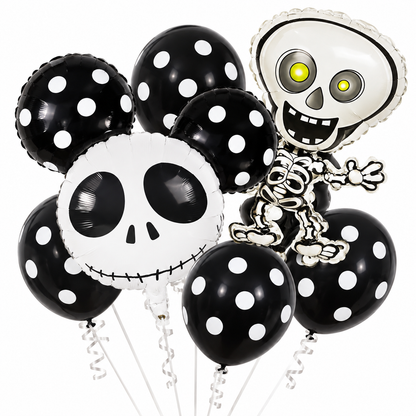 Halloween Balloon Set with Skull & Skeleton Foil Balloons, Black Polka Dot Party Balloons, 8PCS