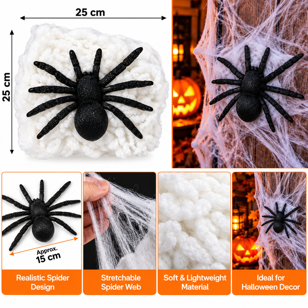 Halloween White Spider Web Decoration with Black Spider, Stretchable Cobweb Party Decor, 25CM