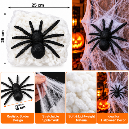 Halloween White Spider Web Decoration with Black Spider, Stretchable Cobweb Party Decor, 25CM