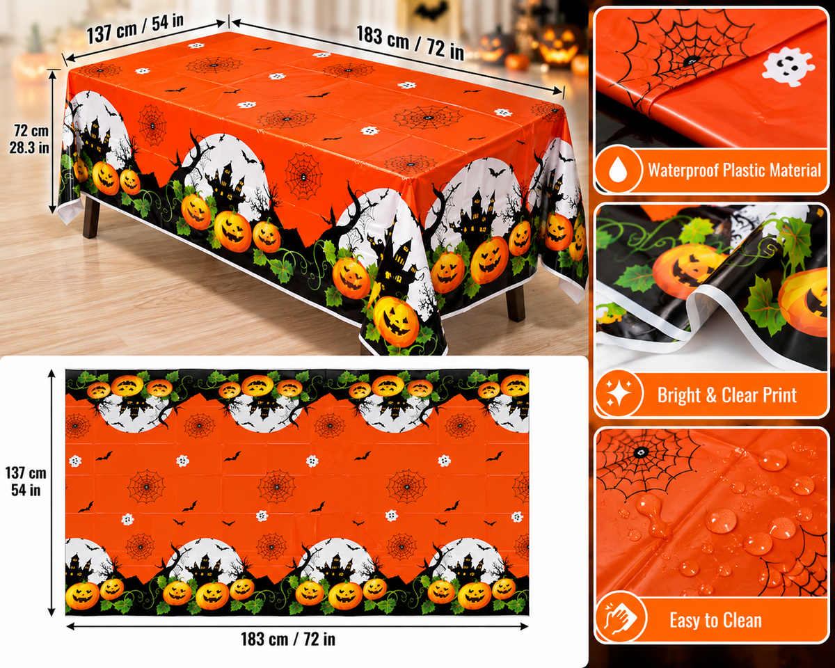 Halloween Pumpkin & Haunted House Plastic Tablecloth – Orange Rectangular Party Table Cover 137 × 183 cm