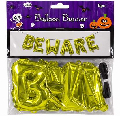 Halloween BEWARE Foil Balloon Banner, 6PCS Metallic Letter Party Decoration