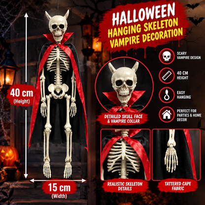 Halloween Hanging Vampire Skeleton with Black & Red Cape – Scary Skull Decoration, 40 cm