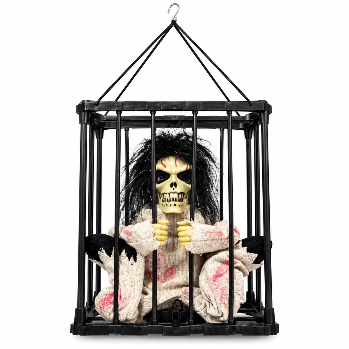 Halloween Animated Hanging Skeleton in Cage with Music, Sound & Movement – 40 × 30 cm