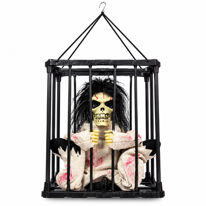 Halloween Animated Hanging Skeleton in Cage with Music, Sound & Movement – 40 × 30 cm