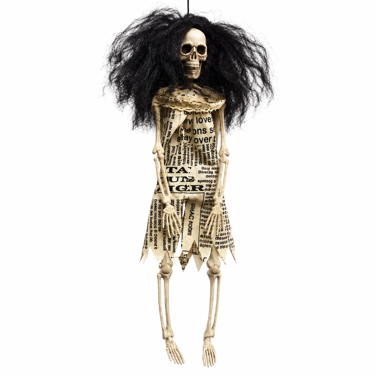 Halloween Hanging Skeleton Girl with Black Hair – Scary Ghost Doll Decoration, 40 cm