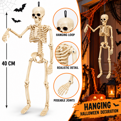 Halloween Hanging Skeleton Decoration, Poseable Plastic Skeleton Prop with Hanging Loop, 40CM