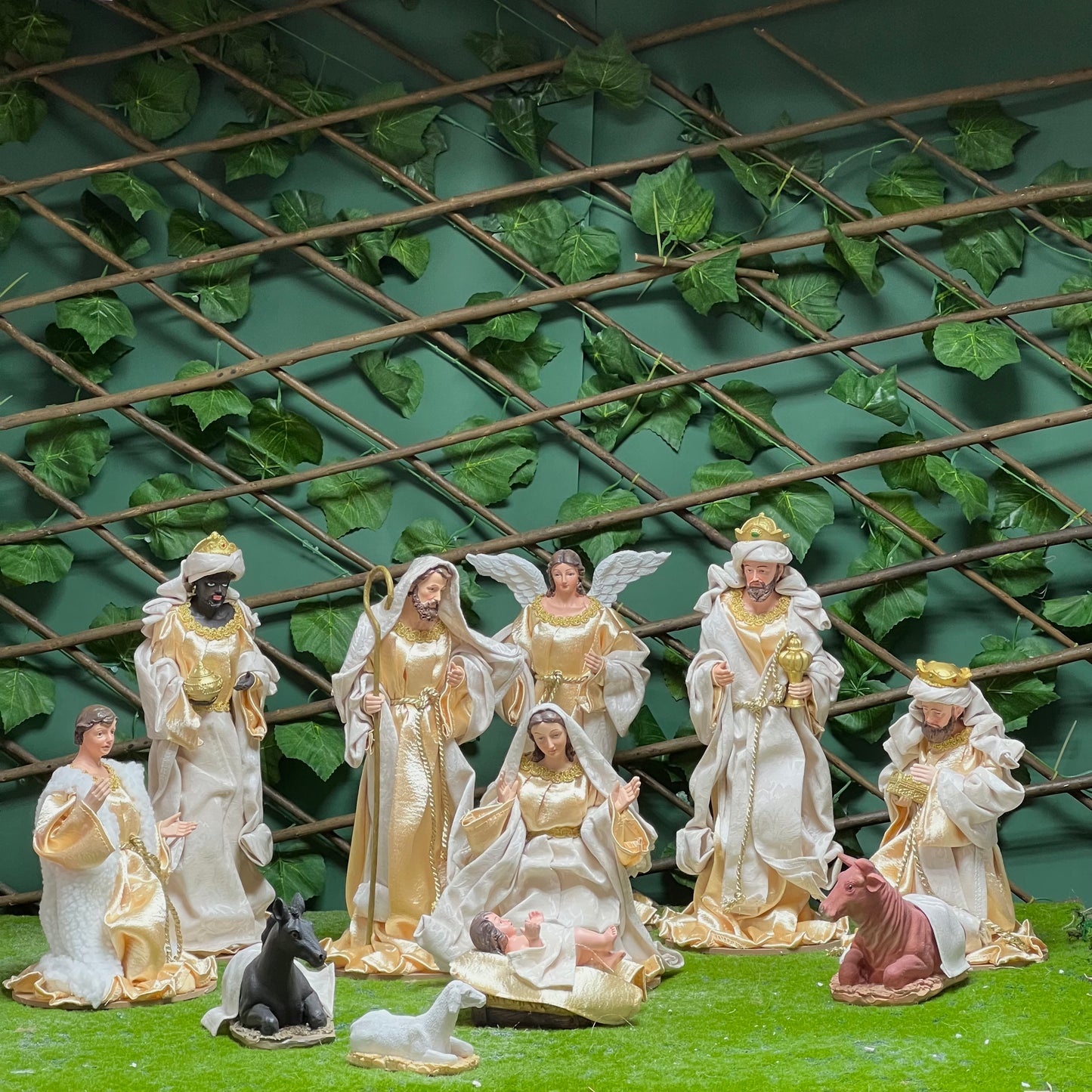Gold Ivory  Nativity Crib with Cloth Figurines 35cm