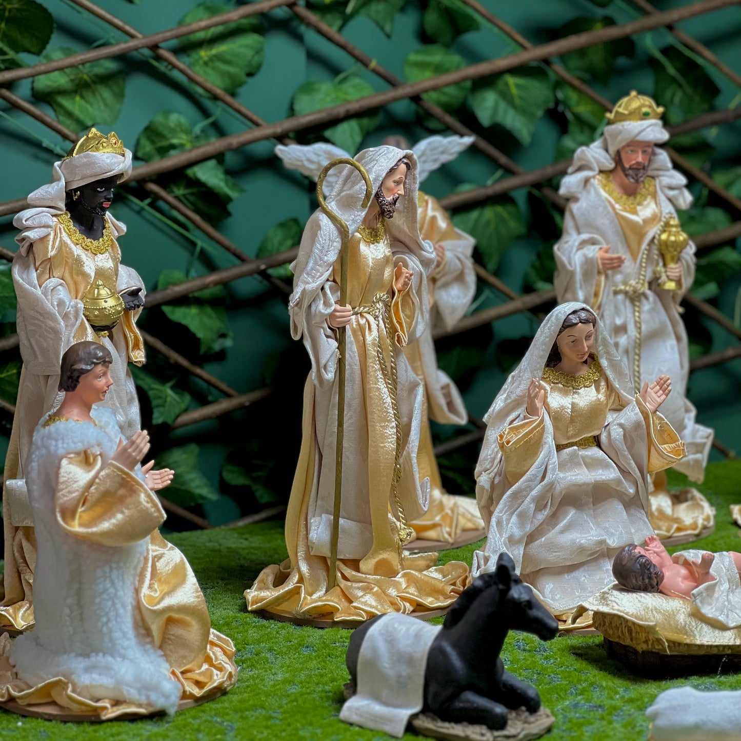 Gold Ivory  Nativity Crib with Cloth Figurines 35cm
