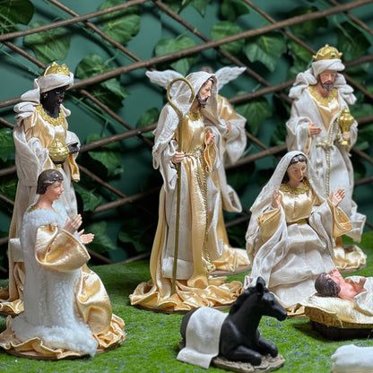 Gold Ivory  Nativity Crib with Cloth Figurines 35cm