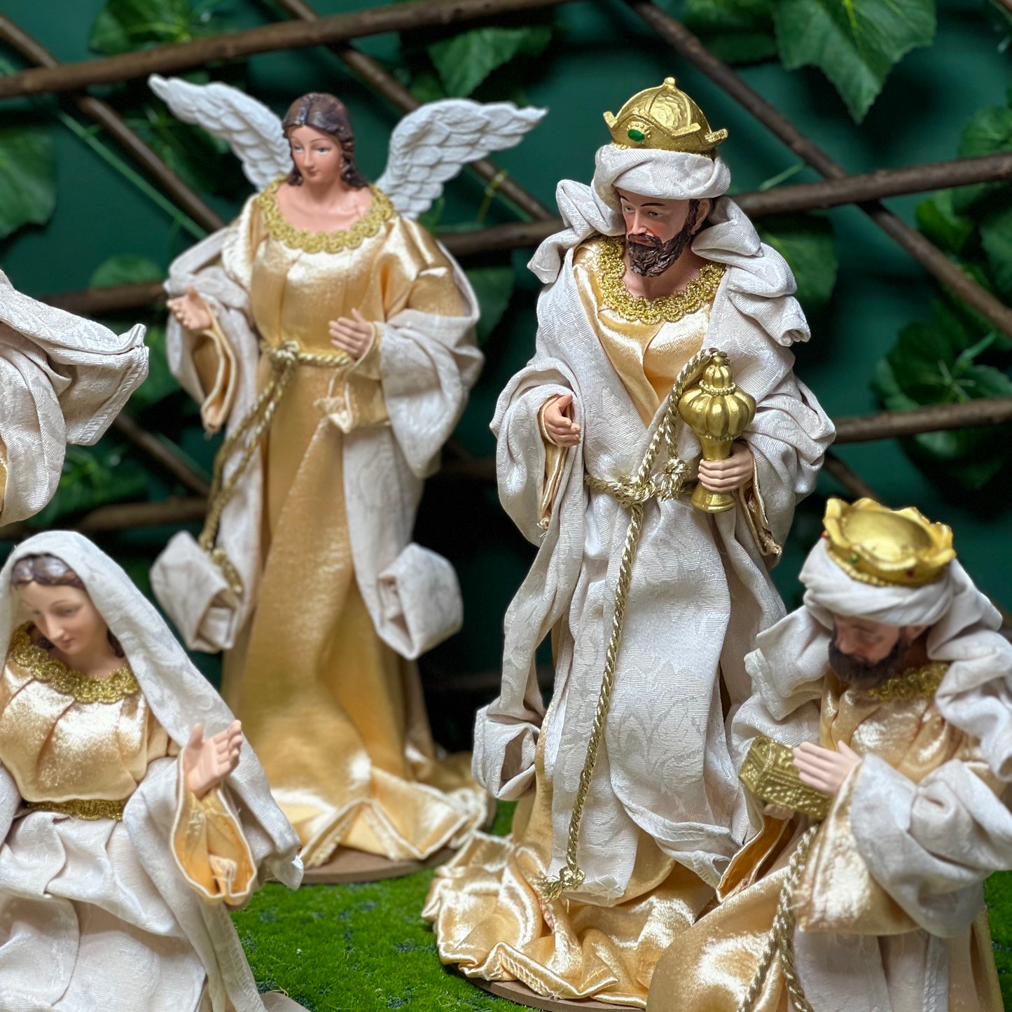 Gold Ivory  Nativity Crib with Cloth Figurines 35cm