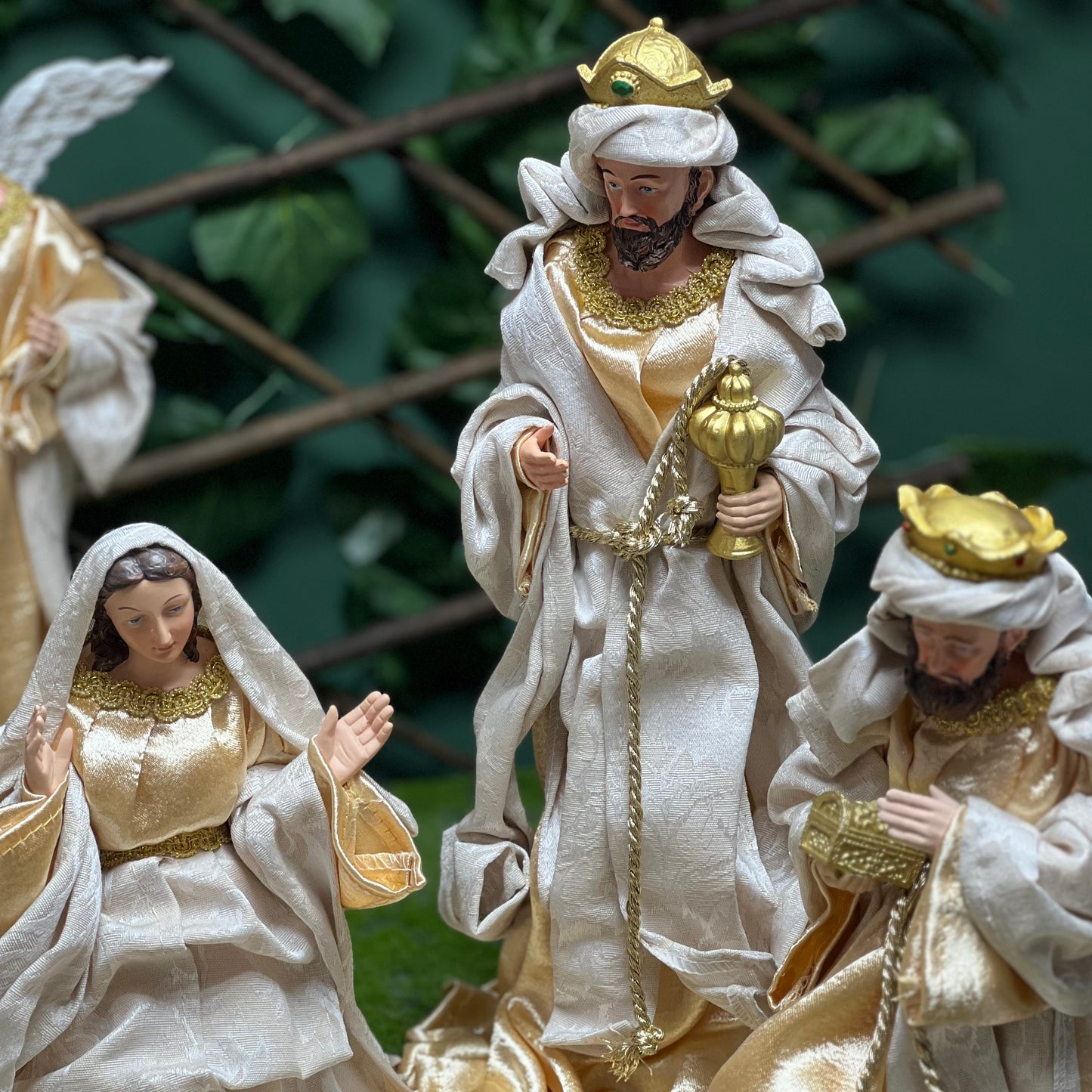 Gold Ivory  Nativity Crib with Cloth Figurines 35cm