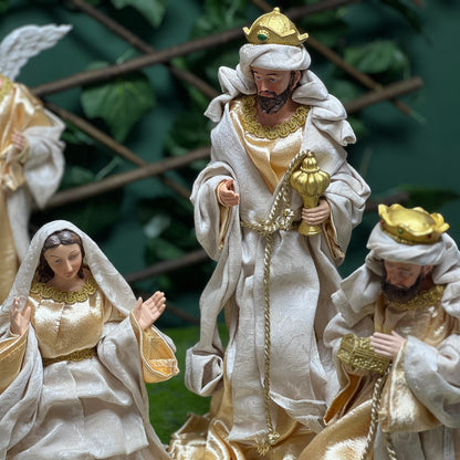 Gold Ivory  Nativity Crib with Cloth Figurines 35cm