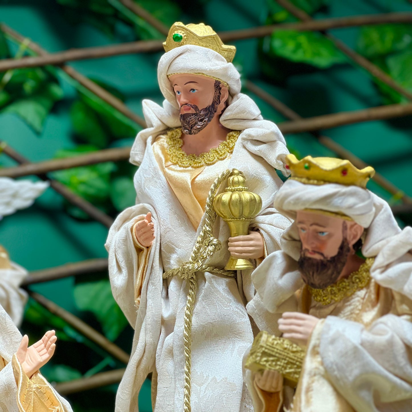 Gold Ivory  Nativity Crib with Cloth Figurines 35cm