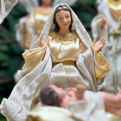 Gold Ivory  Nativity Crib with Cloth Figurines 35cm