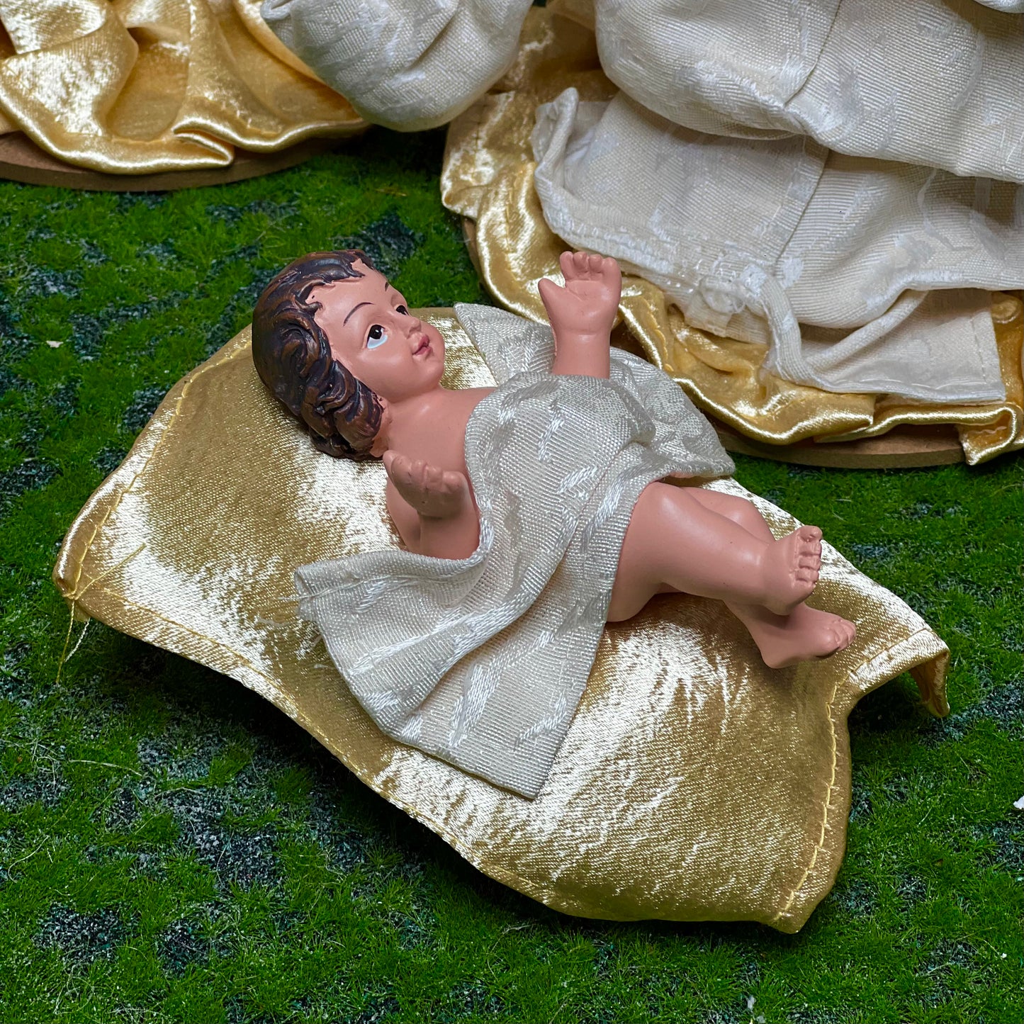 Gold Ivory  Nativity Crib with Cloth Figurines 35cm
