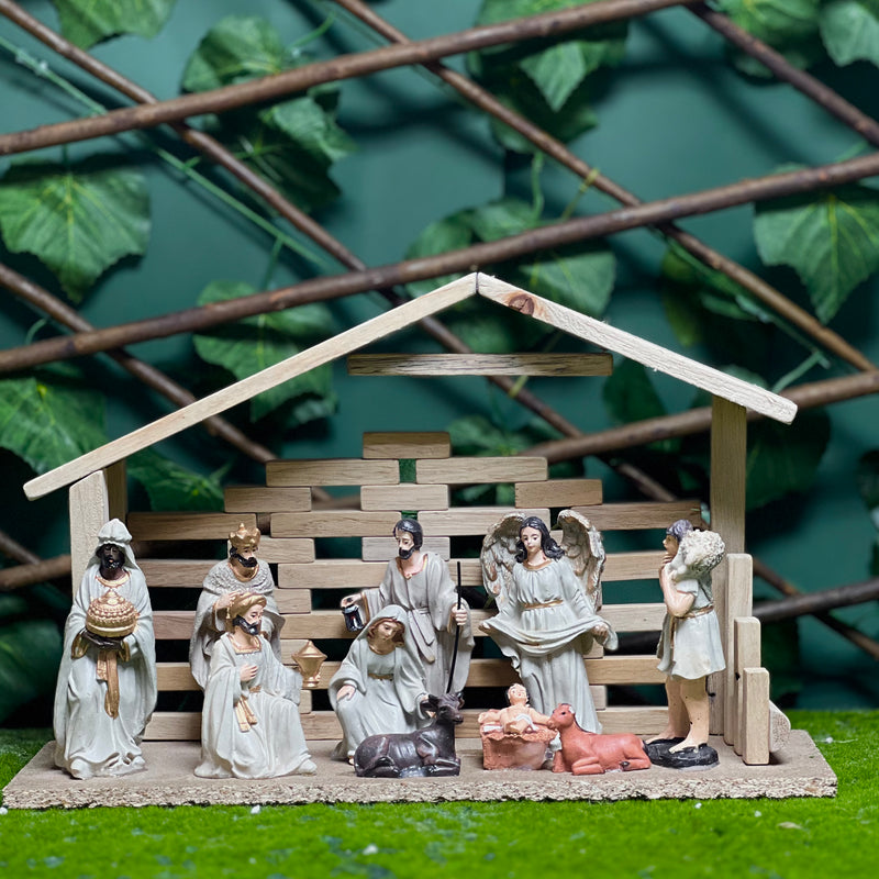 15 cm Painted Resin Nativity Set with Wooden Crib House