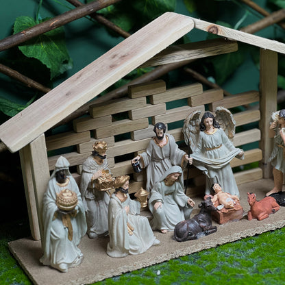 15 cm Painted Resin Nativity Set with Wooden Crib House