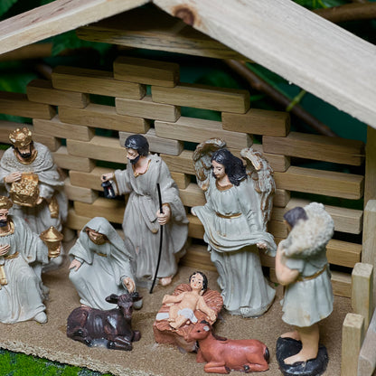 15 cm Painted Resin Nativity Set with Wooden Crib House