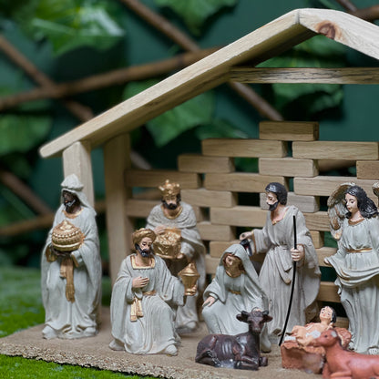15 cm Painted Resin Nativity Set with Wooden Crib House