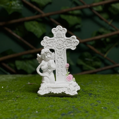 Angel & Cross Decorative Figurine – White Resin Prayer Statue