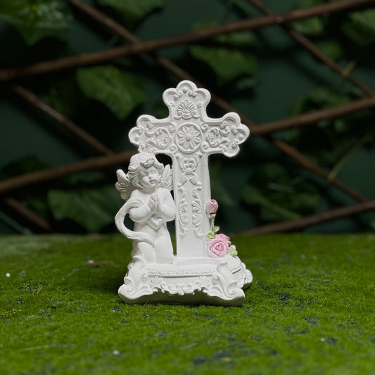 Angel & Cross Decorative Figurine – White Resin Prayer Statue