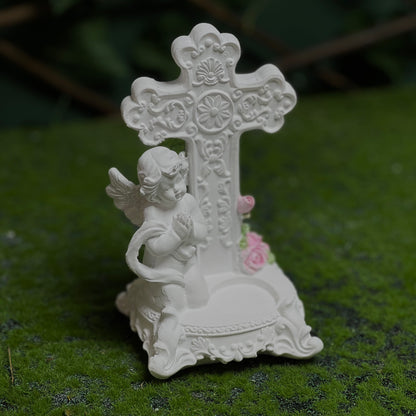 Angel & Cross Decorative Figurine – White Resin Prayer Statue