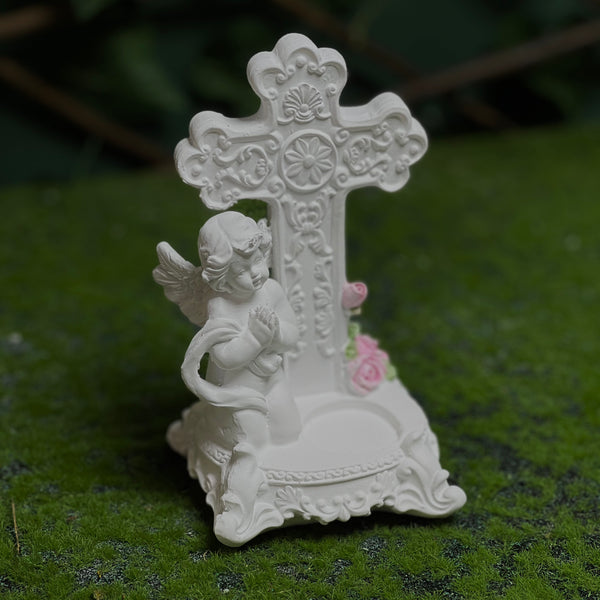 Angel & Cross Decorative Figurine – White Resin Prayer Statue