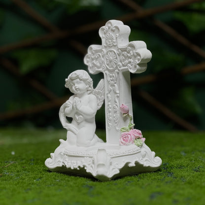 Angel & Cross Decorative Figurine – White Resin Prayer Statue