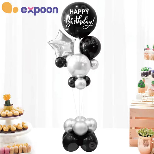Black Silver Happy Birthday Balloon Bouquet Set