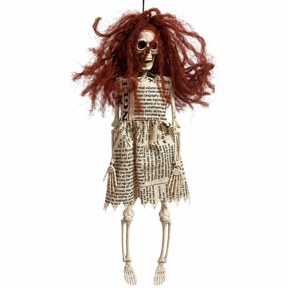 Halloween Hanging Skeleton Girl with Brown Hair – Creepy Ghost Doll Decoration, 40 cm