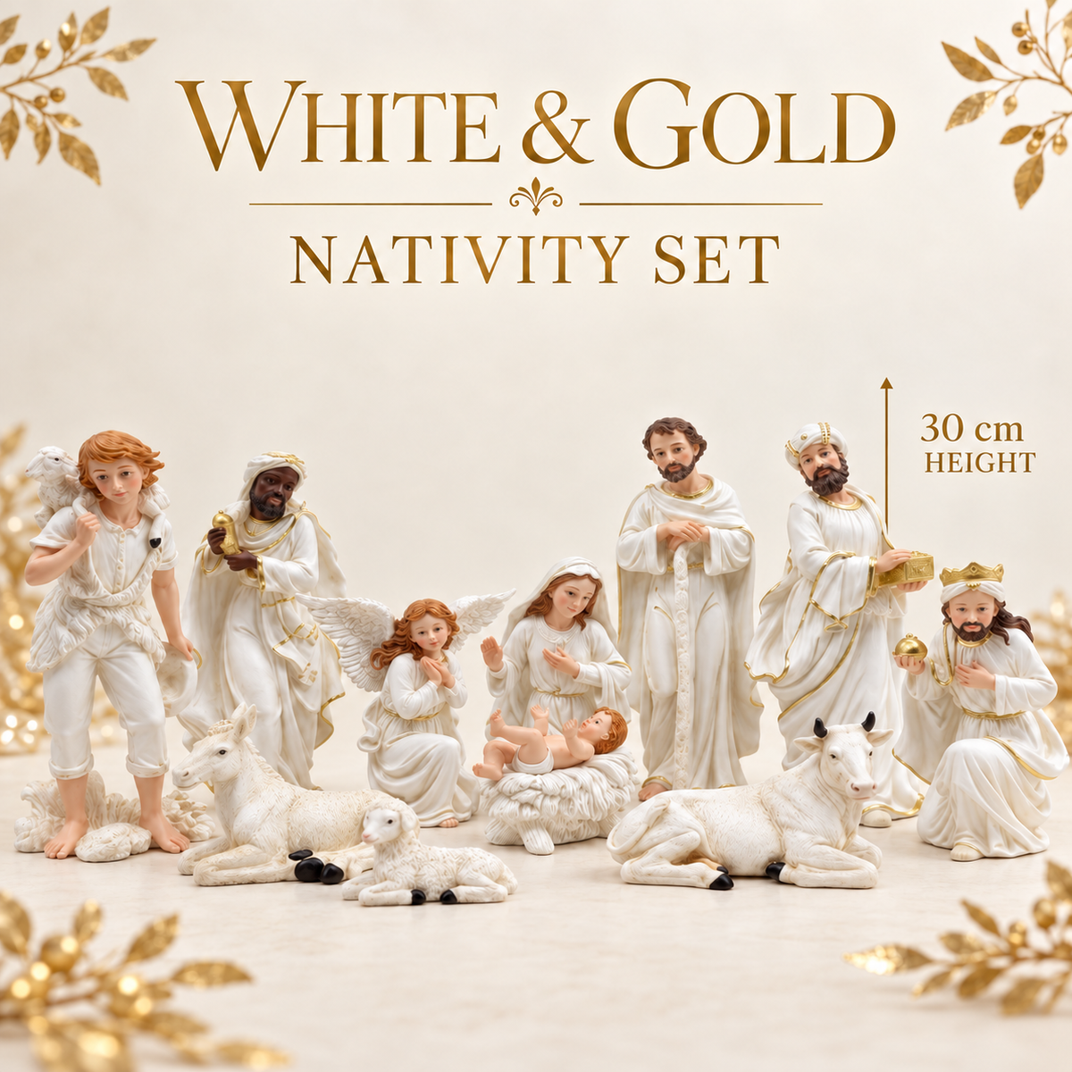 White & Gold Christmas Nativity Figurine Set – 30 cm