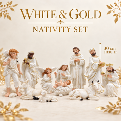 White & Gold Christmas Nativity Figurine Set – 30 cm