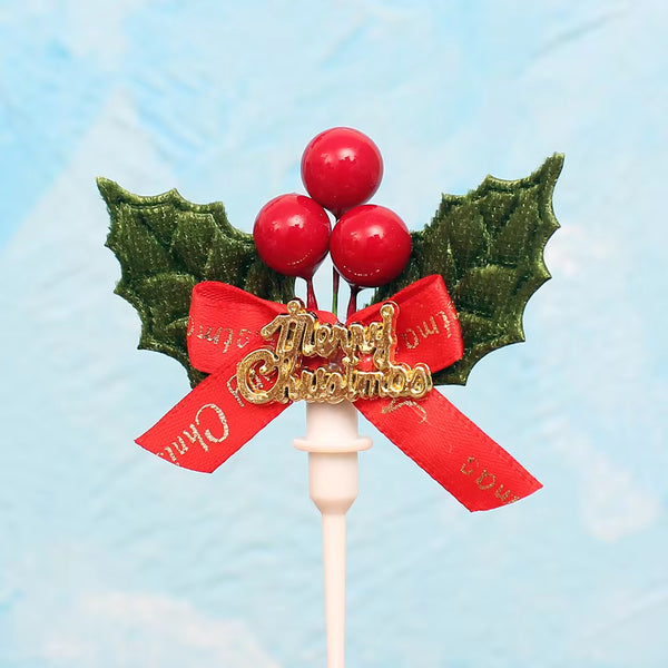 Christmas Holly Leaf Cupcake Topper with Ribbon & Bells-10 Pcs