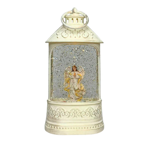 Musical White Plastic Lantern LED Snow Globe Peaceful Angel and Swirling Glitter