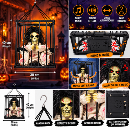 Halloween Animated Hanging Skeleton in Cage with Music, Sound & Movement – 40 × 30 cm