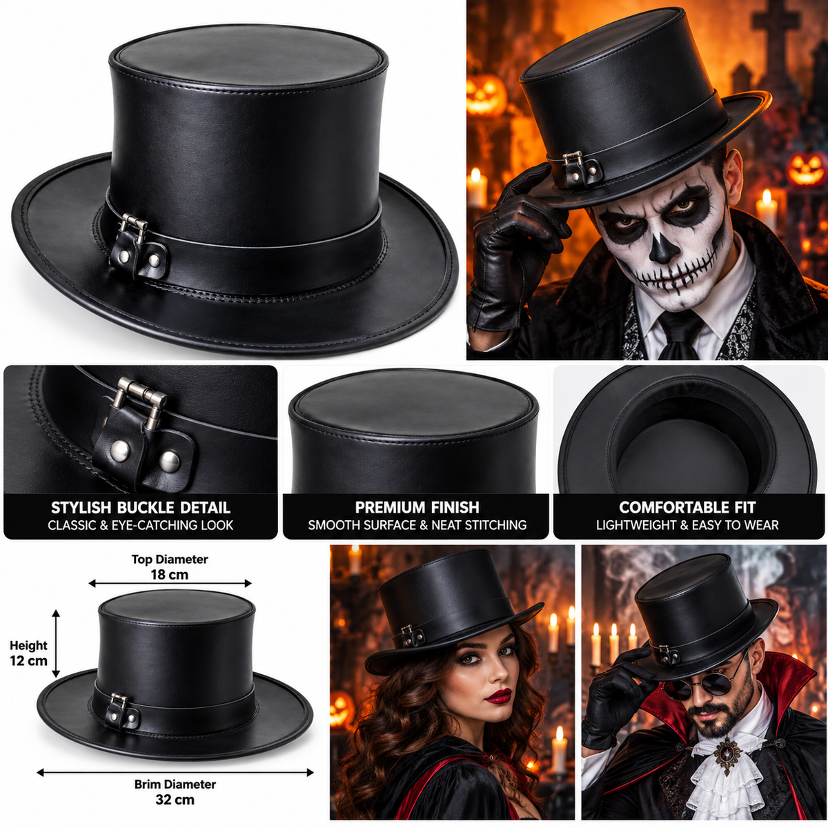 Black Gothic Top Hat with Buckle Detail