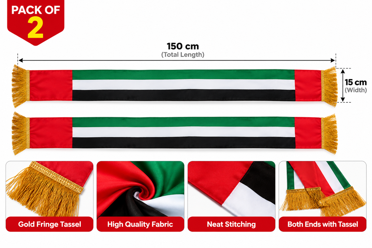 UAE Flag Scarf with Golden Fringe – 150 × 15 cm (1 Piece)