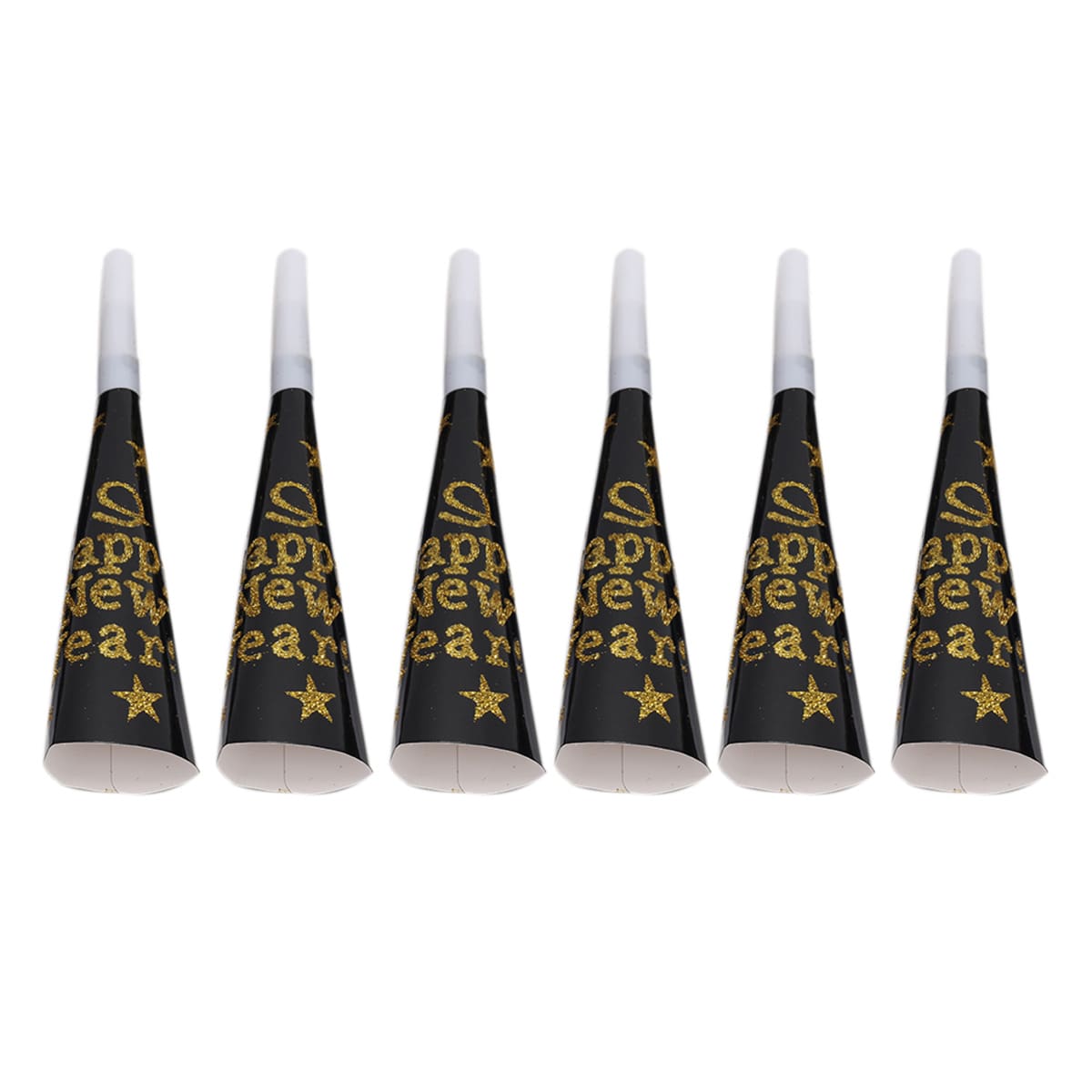 Happy New Year Party Blow Horns – Black & Gold, Pack of 6