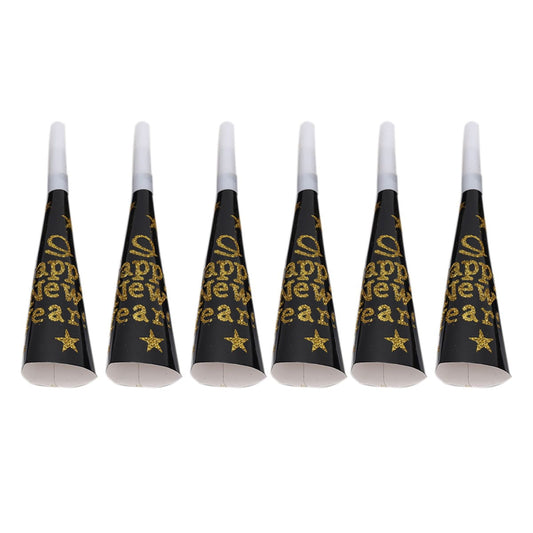Happy New Year Party Blow Horns – Black & Gold, Pack of 6