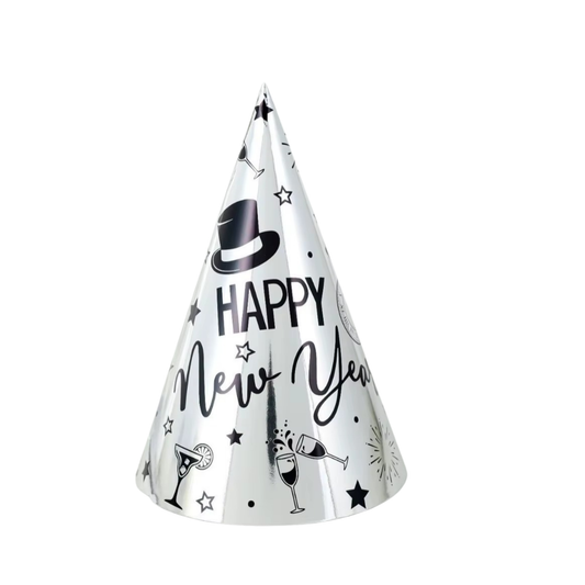 Happy New Year Silver Cone Party Hat