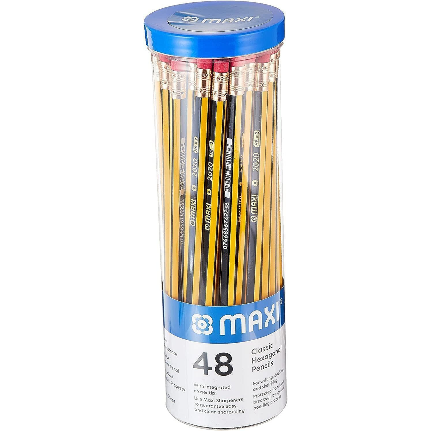 MAXI HB Pencils with Eraser Pack of 48 – Classic Hexagonal Writing Pencils