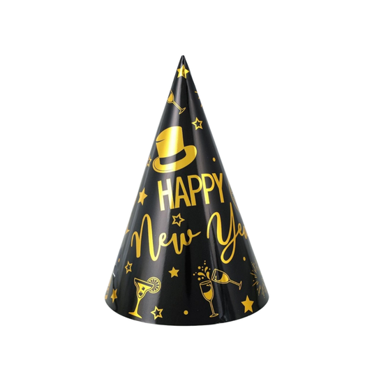 Black and Gold Happy New Year Cone Party Hat