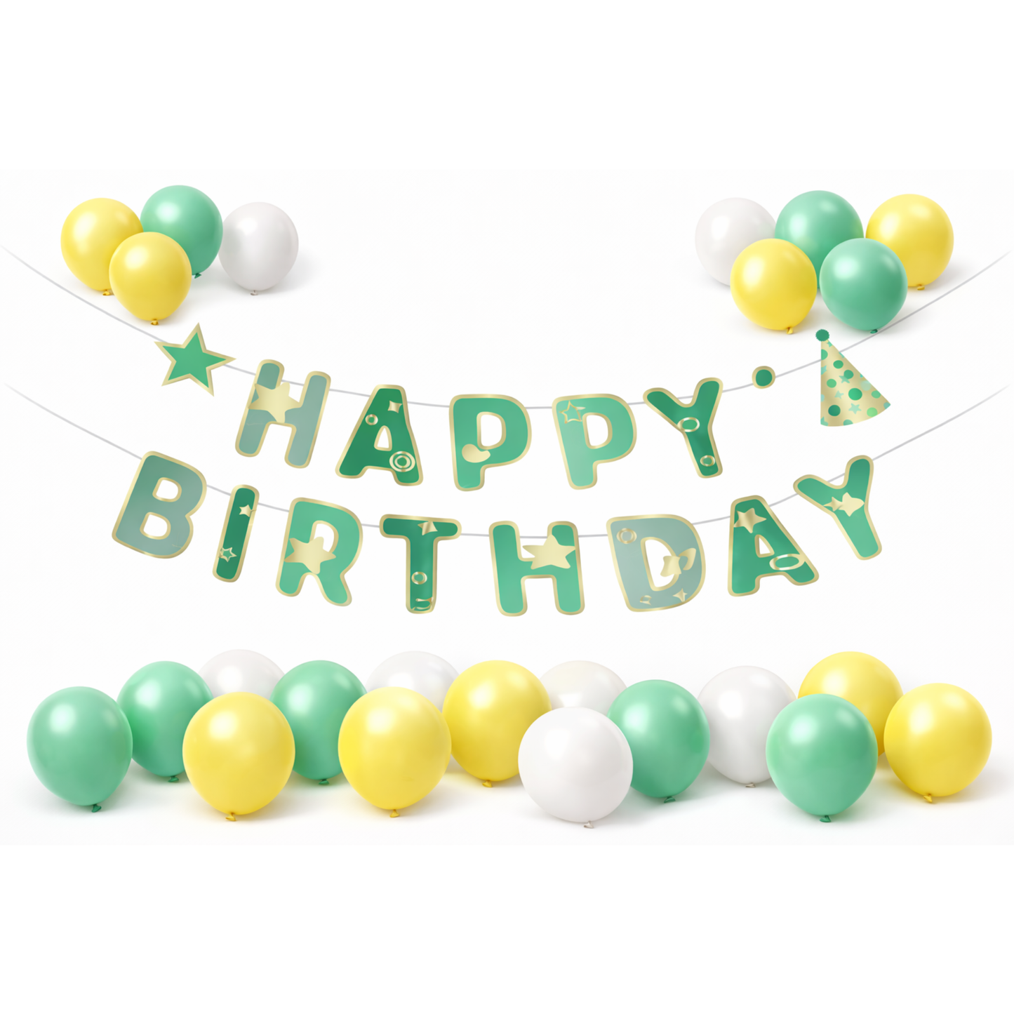 Happy Birthday Decoration Kit – Paper Banner + 20 Balloons