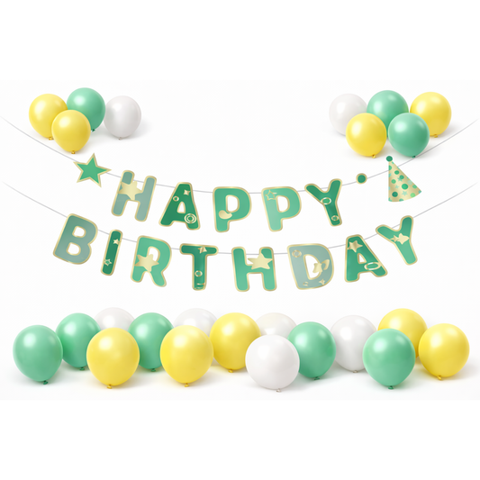 Happy Birthday Decoration Kit – Paper Banner + 20 Balloons