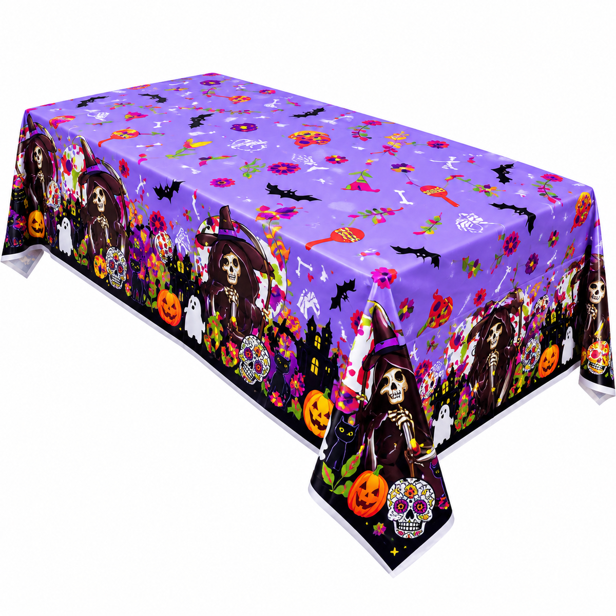 Halloween Skeleton & Sugar Skull Plastic Tablecloth – Purple Rectangular Party Table Cover 137 × 183 cm