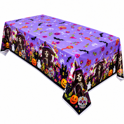 Halloween Skeleton & Sugar Skull Plastic Tablecloth – Purple Rectangular Party Table Cover 137 × 183 cm